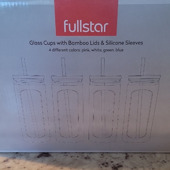 Set Of 4 Glass Cups with Bamboo Lids & Silicone Sleeves & Straws NEW - Picture 2 of 2